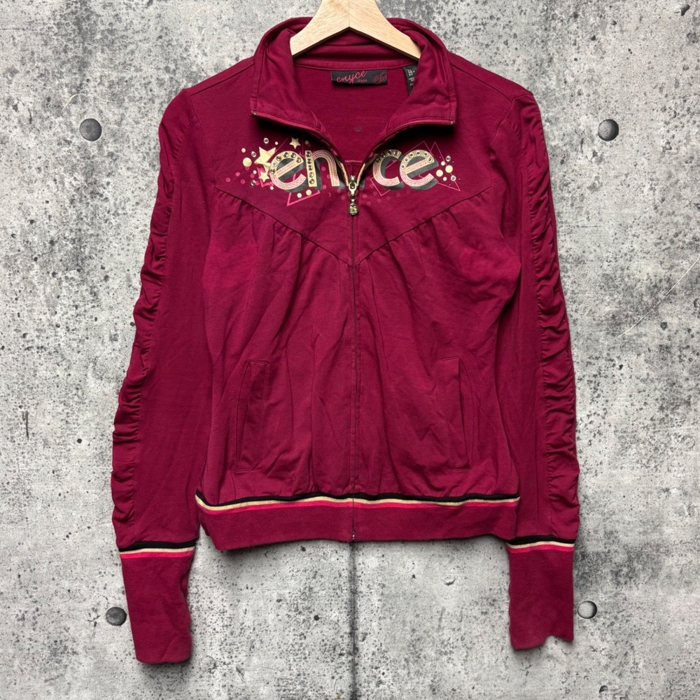 Enyce Jeans Womens Burgundy Y2K Zip Up Track Jacket Ruched Rhinestone Size Large